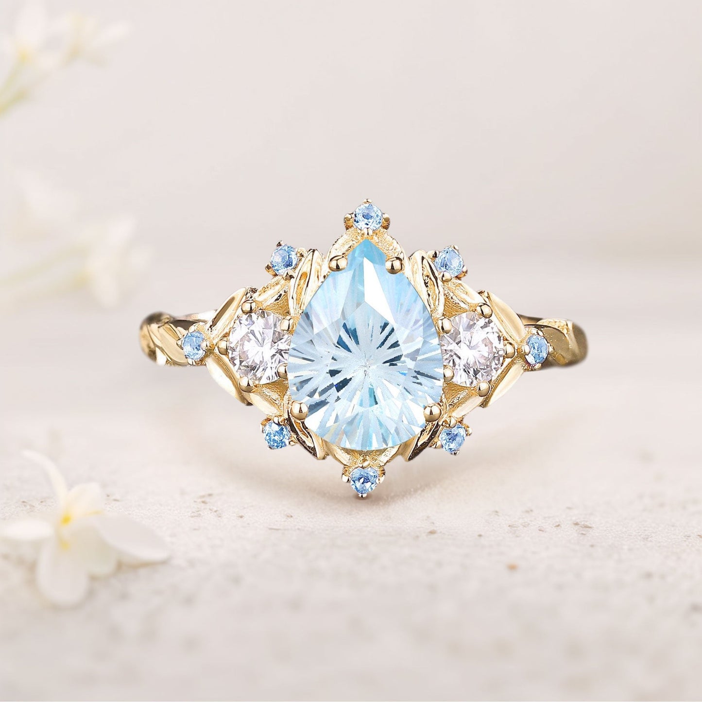 Unique Pear Aquamarine Cluster Leaf Wedding Ring Handmade Anniversary Ring Gift For Women