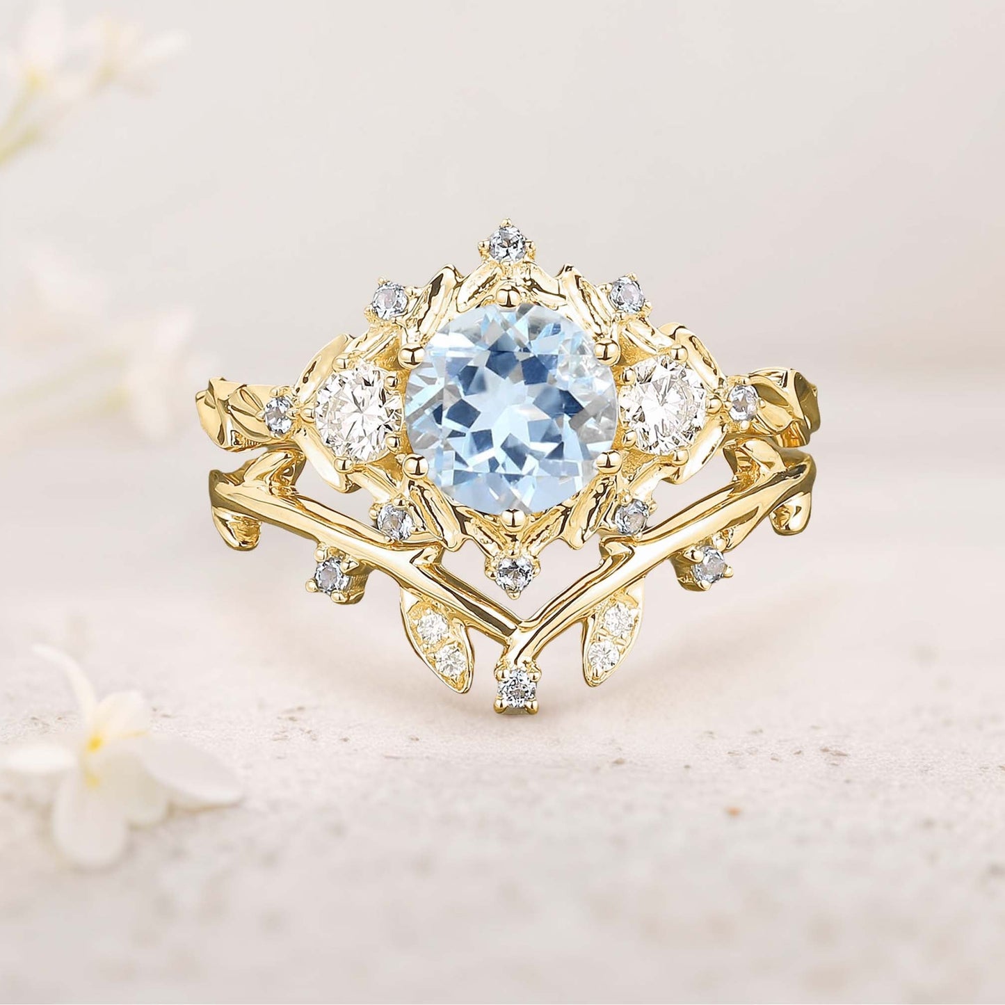 Unique floral engagement rings Round Natural Aquamarine Leaf Engagement Ring Set