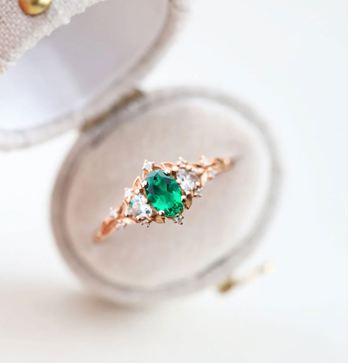 Unique Floral Rose Three Stone Oval Lab Emerald Ring