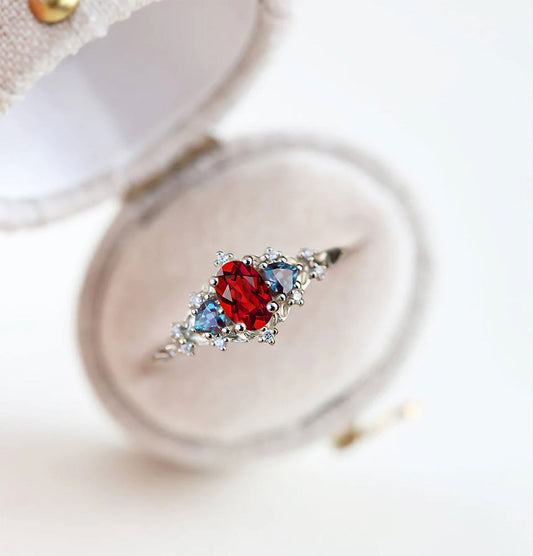 Unique Celeste Rose Three Stone Oval Garnet and Lab Alexandrite Wedding Ring