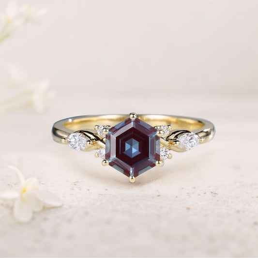 Vintage Hexagon Alexandrite Engagement Ring For Women
