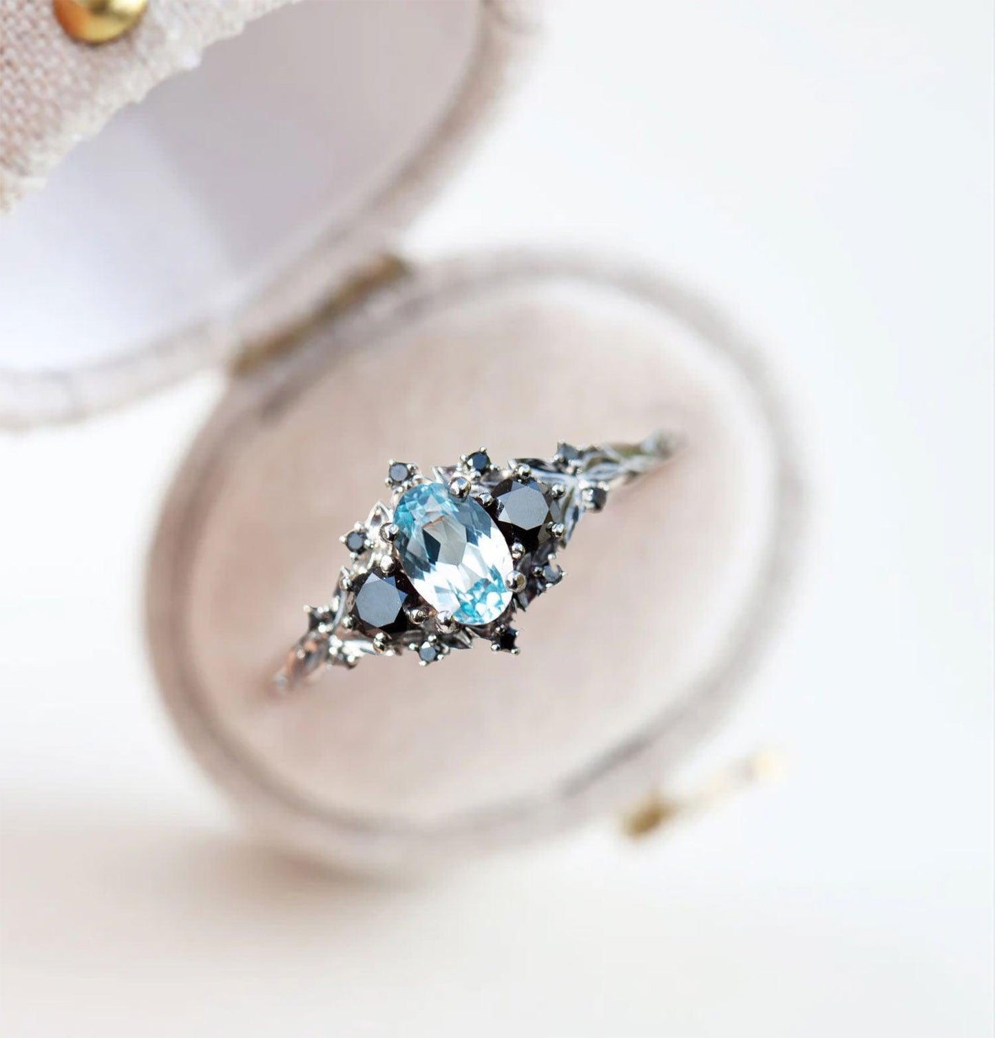 Unique Floral Rose Three Stone Oval Lab Topaz and Black Moissanite Ring