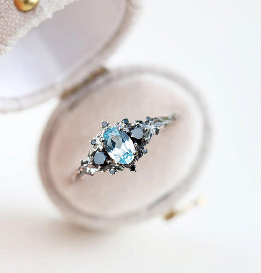 Unique Floral Rose Three Stone Oval Lab Topaz and Black Moissanite Ring