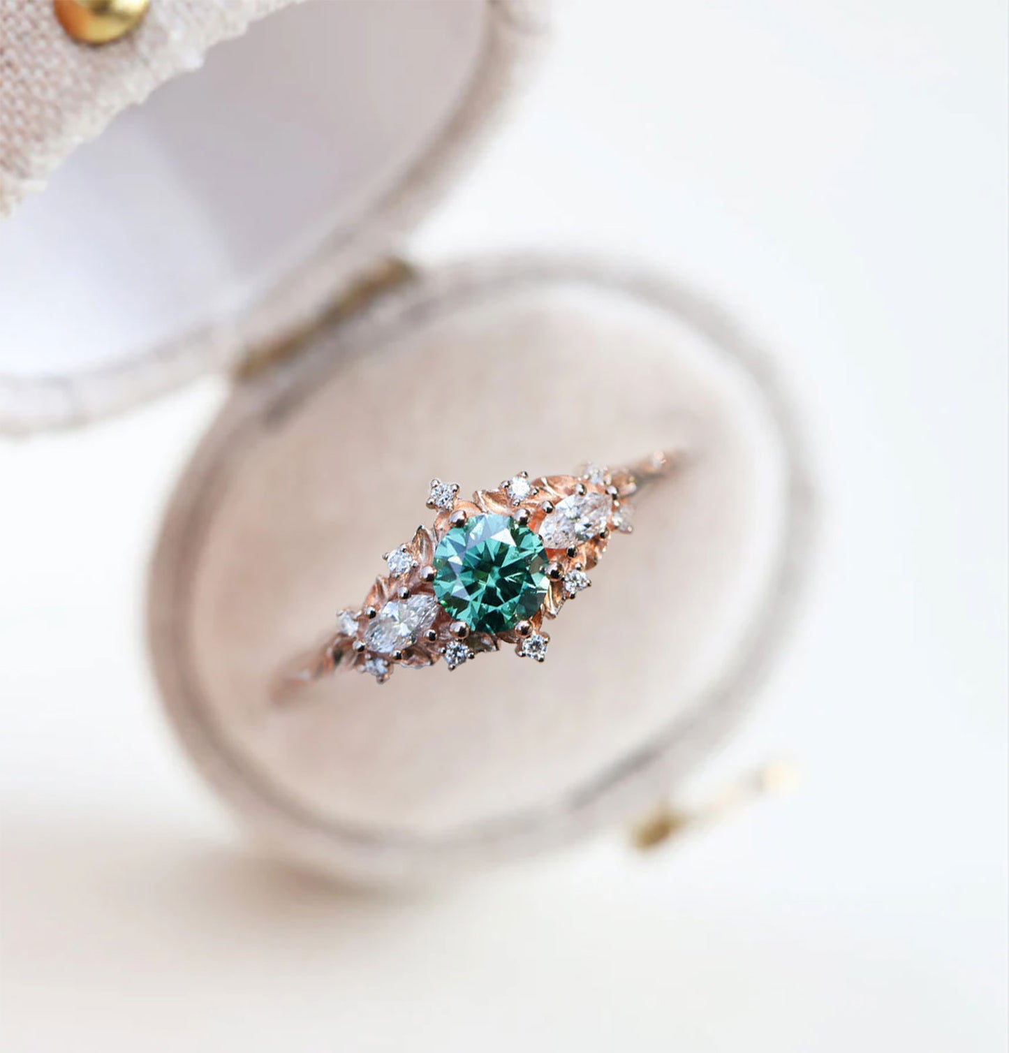 Unique Celeste Rose Three Stone Round Teal Moissanite Ring