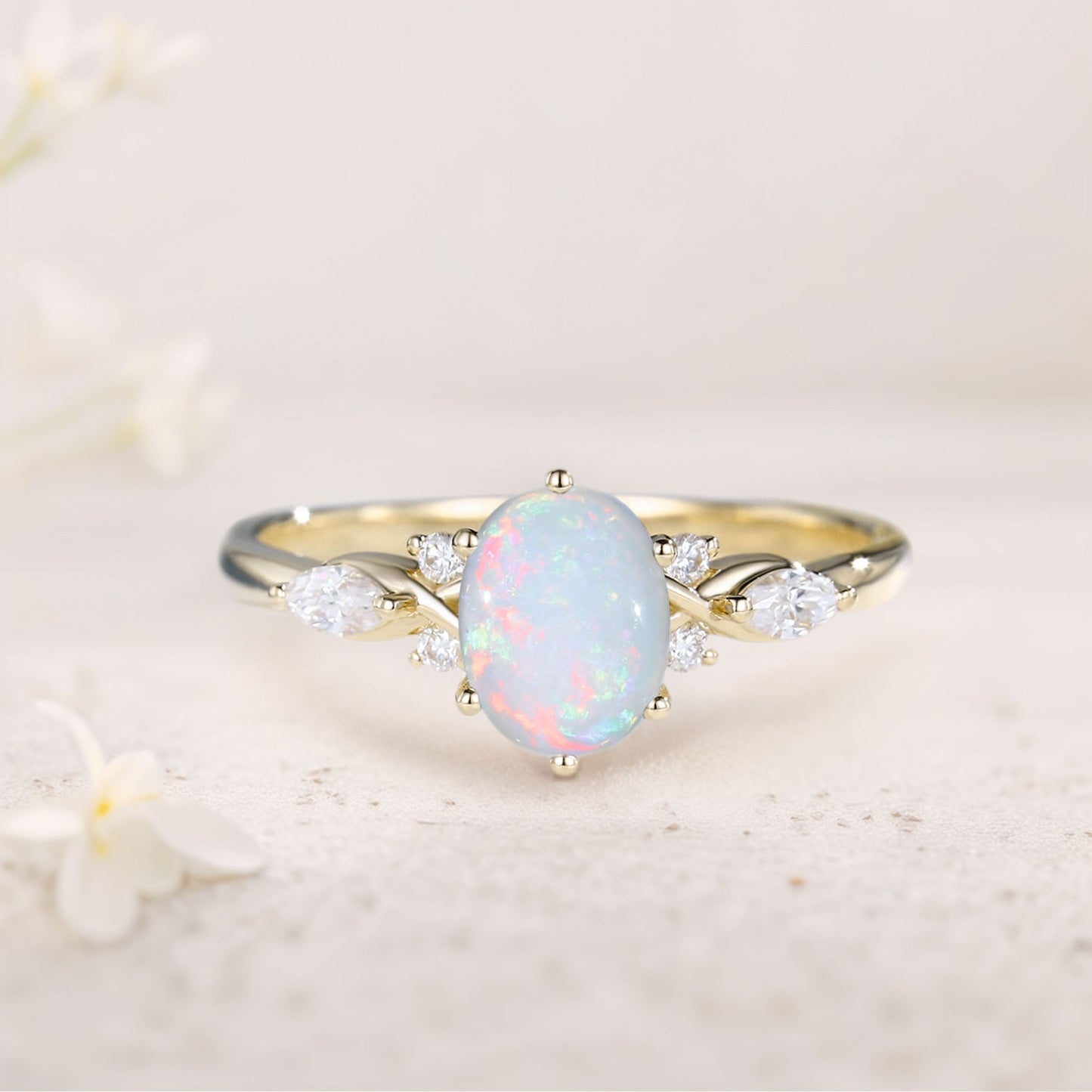 Vintage Oval Opal and Moissanite Engagement Ring