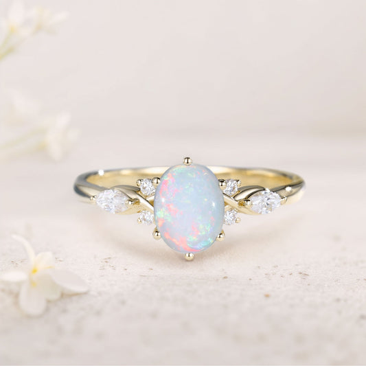 Vintage Oval Opal and Moissanite Engagement Ring