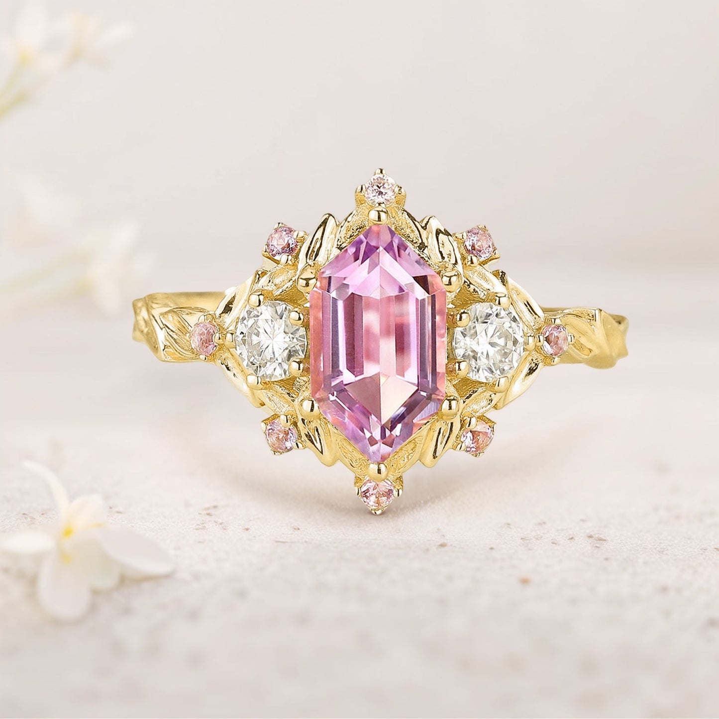 Unique floral engagement rings Long Hexagon Amethyst Cluster Wedding Ring Promise Ring For Women