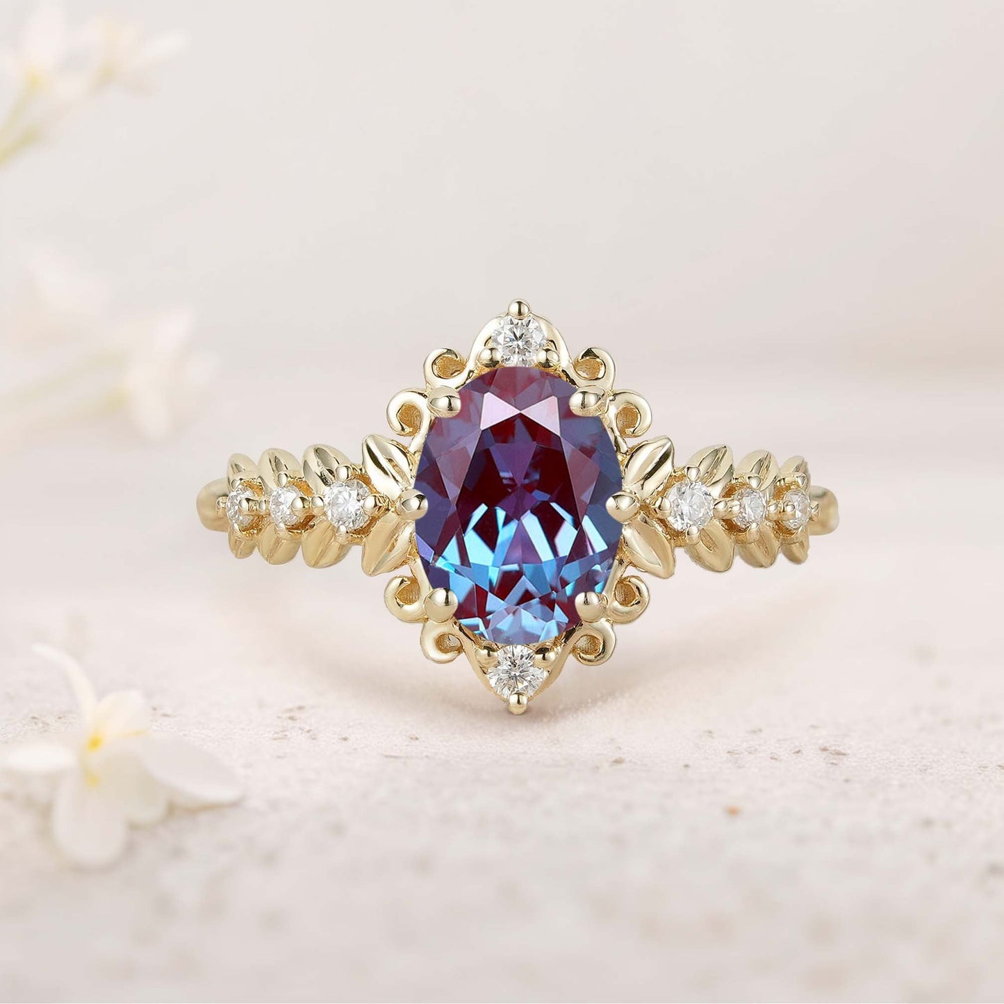 Unique Elegant Royal Oval Amethyst Filigree Leaf Engagement Ring