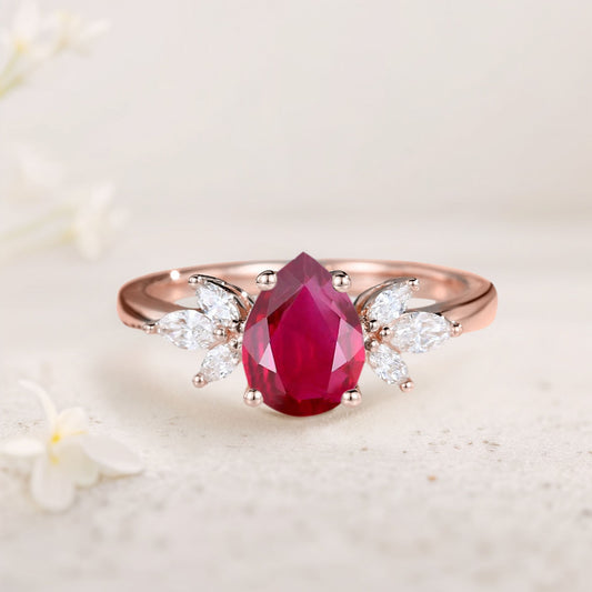 Unique Pear Ruby Engagement Ring Simple Cluster Bridal Ring