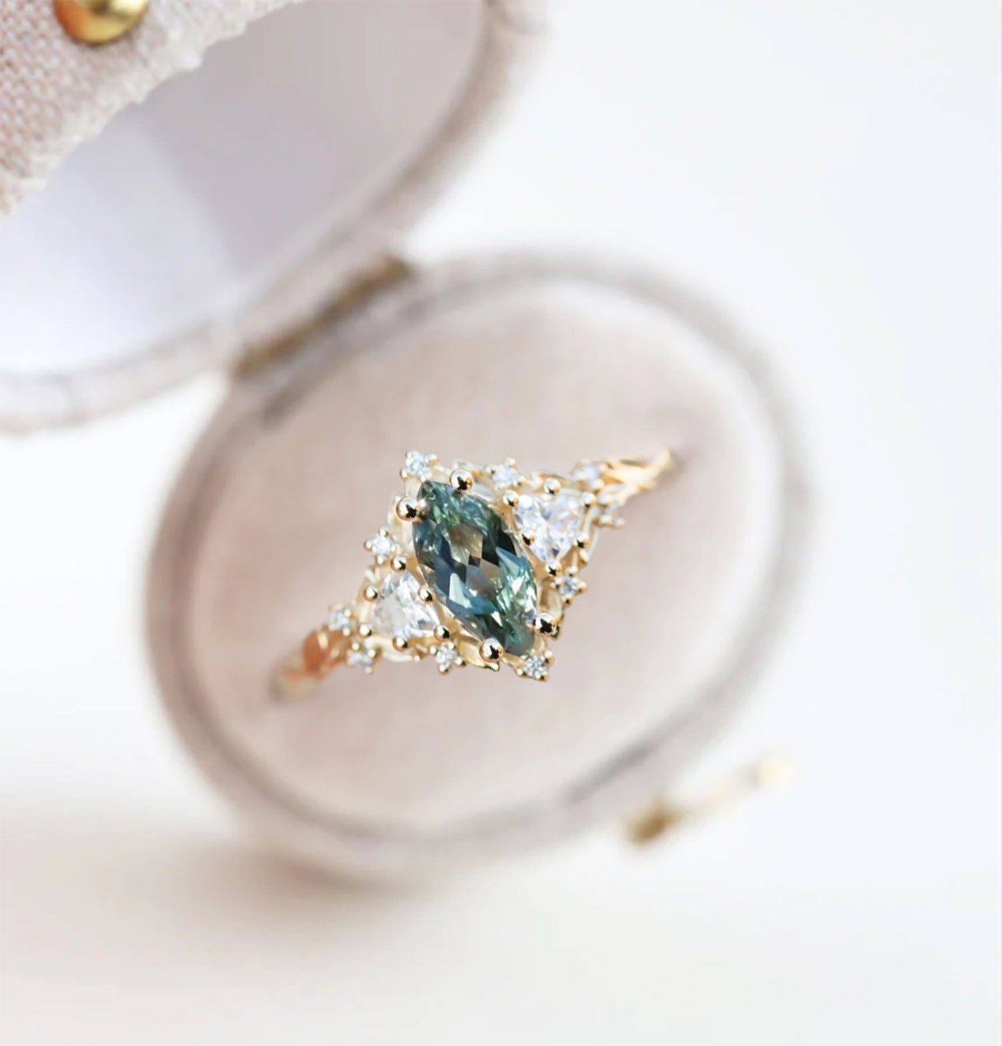 Unique Floral Rose Three Stone Marquise Lab Green Sapphire and Moissanite Ring