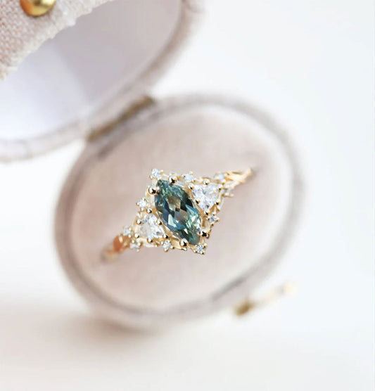 Unique Floral Rose Three Stone Marquise Lab Green Sapphire and Moissanite Ring