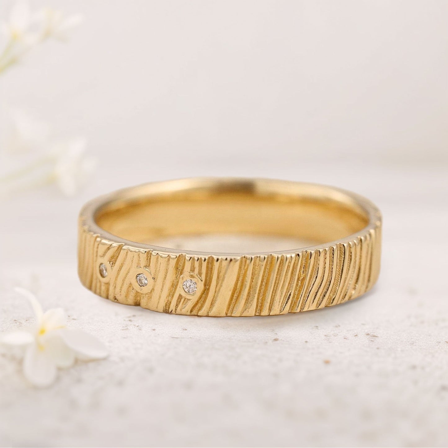 Unique floral engagement rings Wood textured wedding ring with gemstones For Men