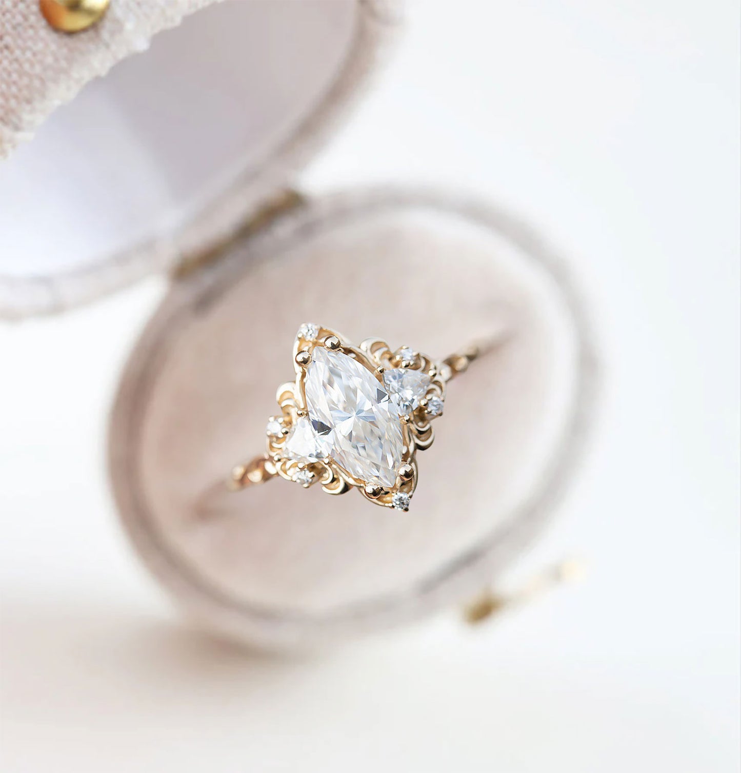 Unique Aurora Three Stone Marquise Moissanite Ring