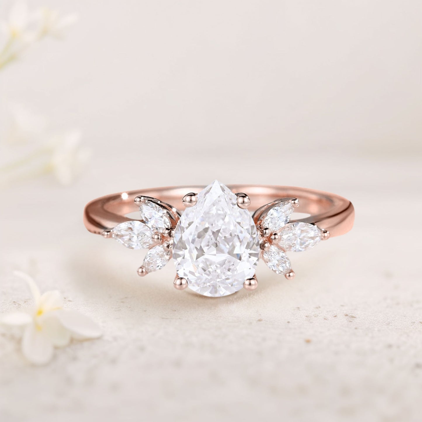 Unique Pear Moissanite Engagement Ring Simple Cluster Bridal Ring