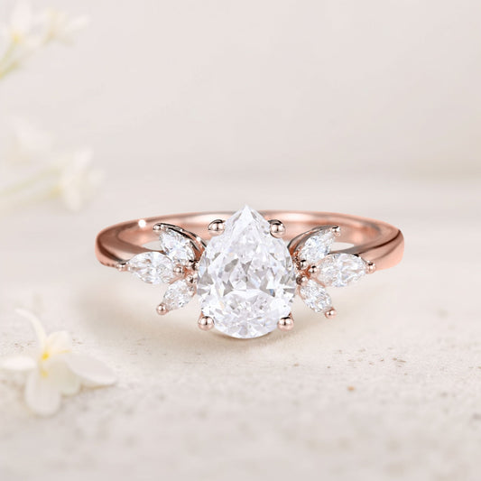 Unique Pear Moissanite Engagement Ring Simple Cluster Bridal Ring