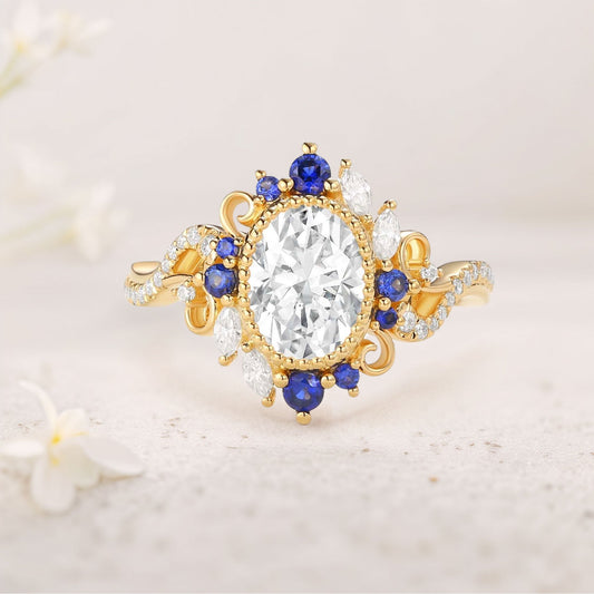 Unique floral engagement rings Halo Oval Moissanite and Sapphire Twist Ring