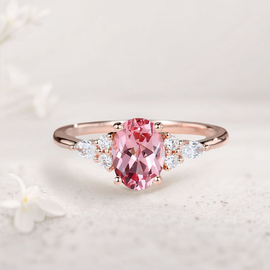 Vintage Oval Padparadscha Cluster Engagement Ring