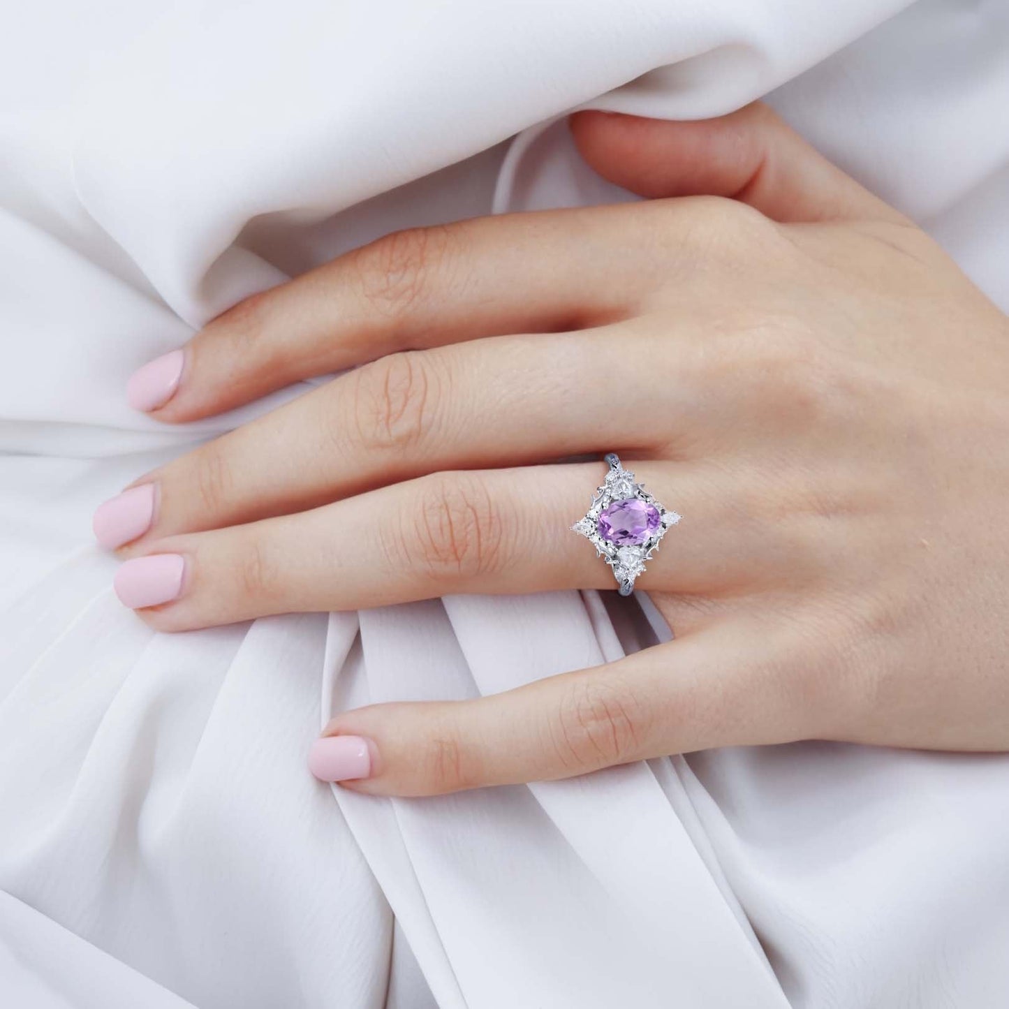 Vintage Floral Briar Rose Oval Amethyst and Moissanite Engagement Ring Filigree Ring
