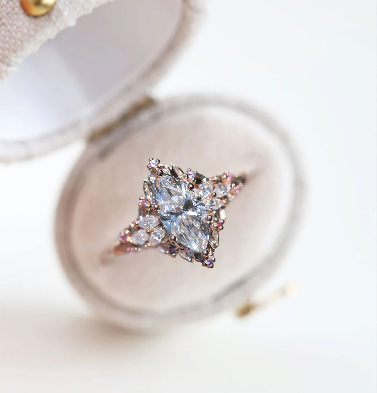 Unique Celeste Rose Starlight Marquise Moissanite and Pink Sapphire Ring