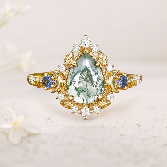 Unique floral engagement rings Moonlight Pear Moss Agate Engagement Ring
