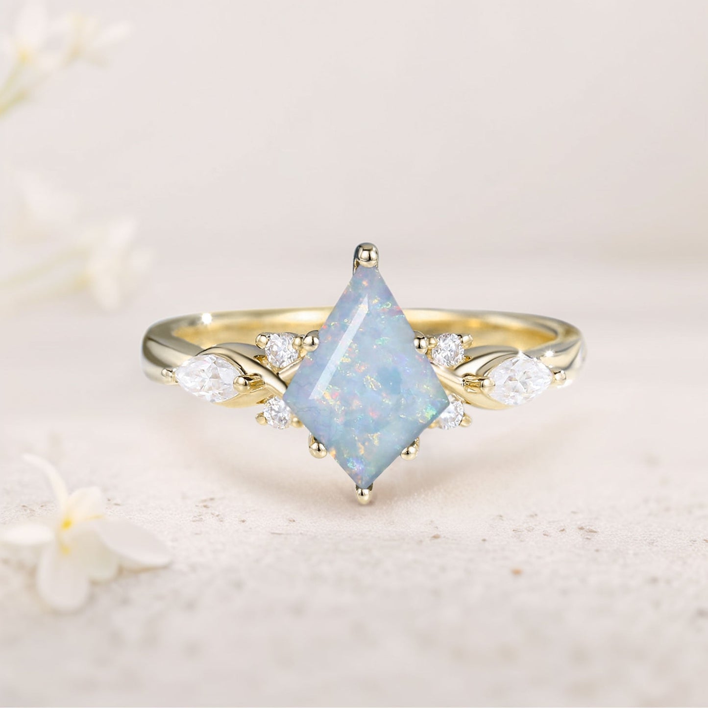 Unique Kite Opal Engagement Ring Art Deco Promise Ring
