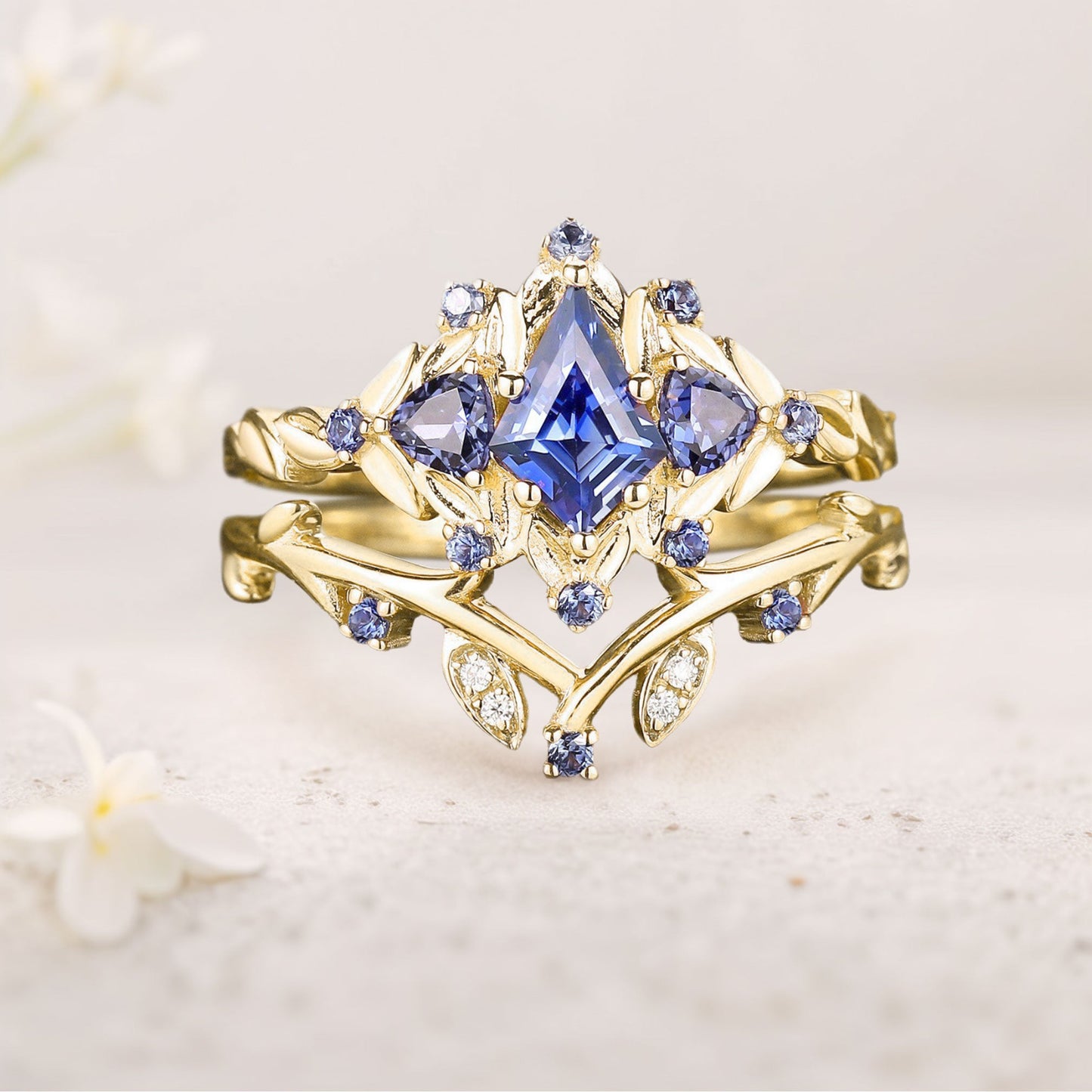 Unique floral engagement rings Kite Sapphire Engagement Ring Set Sapphire Cluster Ring Leaf Floral Wedding Ring Set
