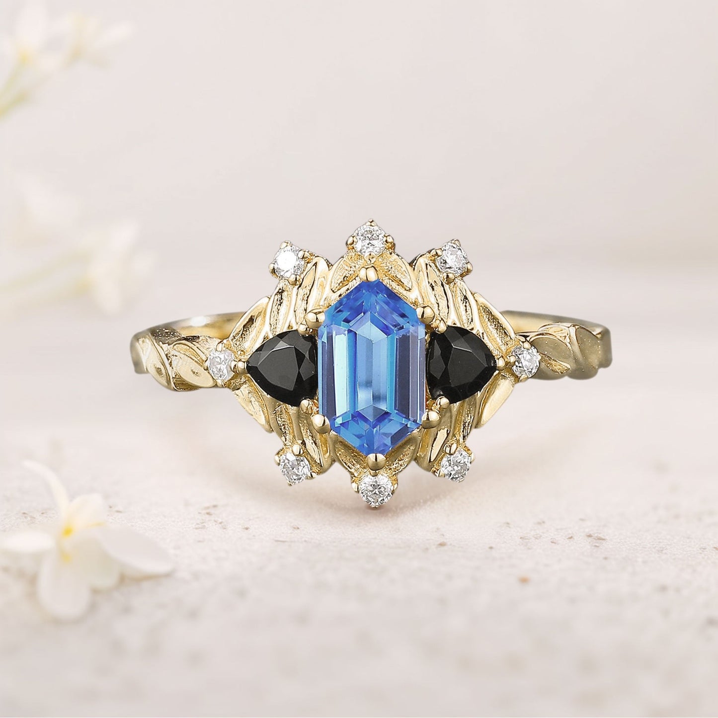 Unique Long Hexagon Sapphire and Black Onyx Leaf Engagement Ring  Wedding Ring for Women