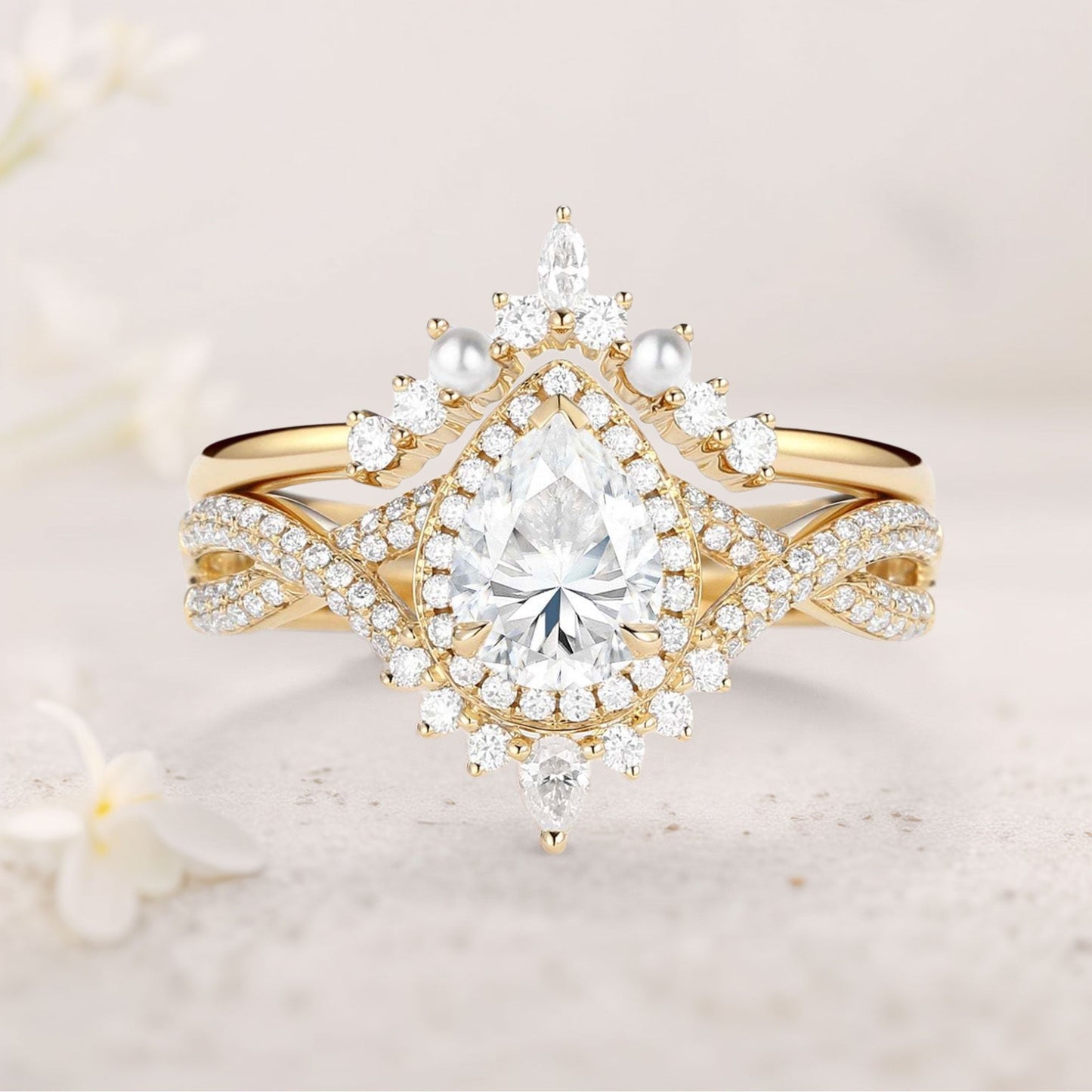 Vintage floral engagement rings Pear Moissanite and Pearl Halo Infinity Ring Set