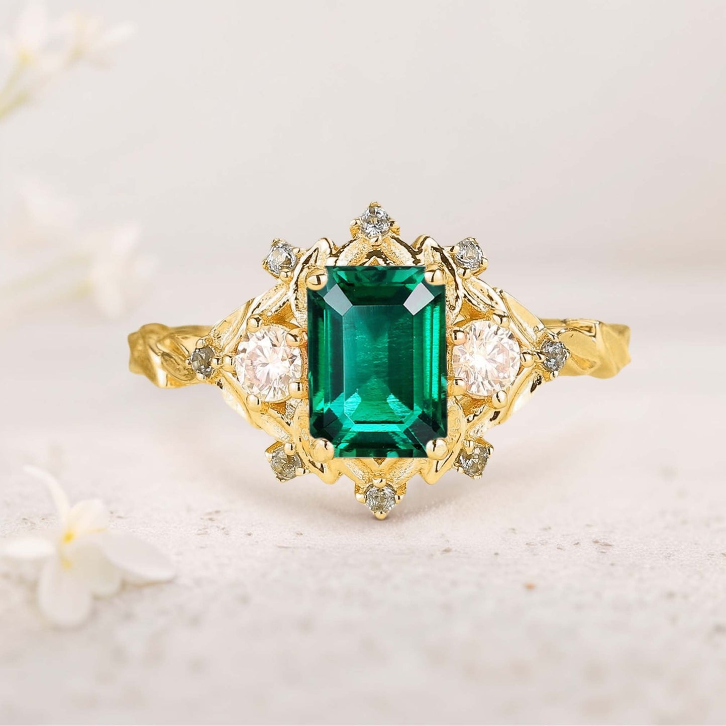 Vintage floral engagement rings Three Stone Emerald Engagement ring Fairy ring