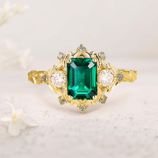 Vintage floral engagement rings Three Stone Emerald Engagement ring Fairy ring