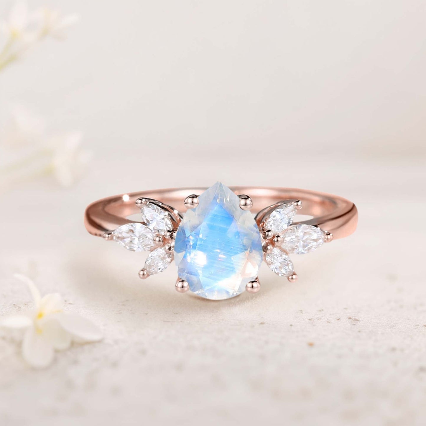 Unique Pear Moonstone Engagement Ring Simple Cluster Bridal Ring