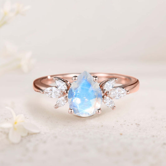 Unique Pear Moonstone Engagement Ring Simple Cluster Bridal Ring