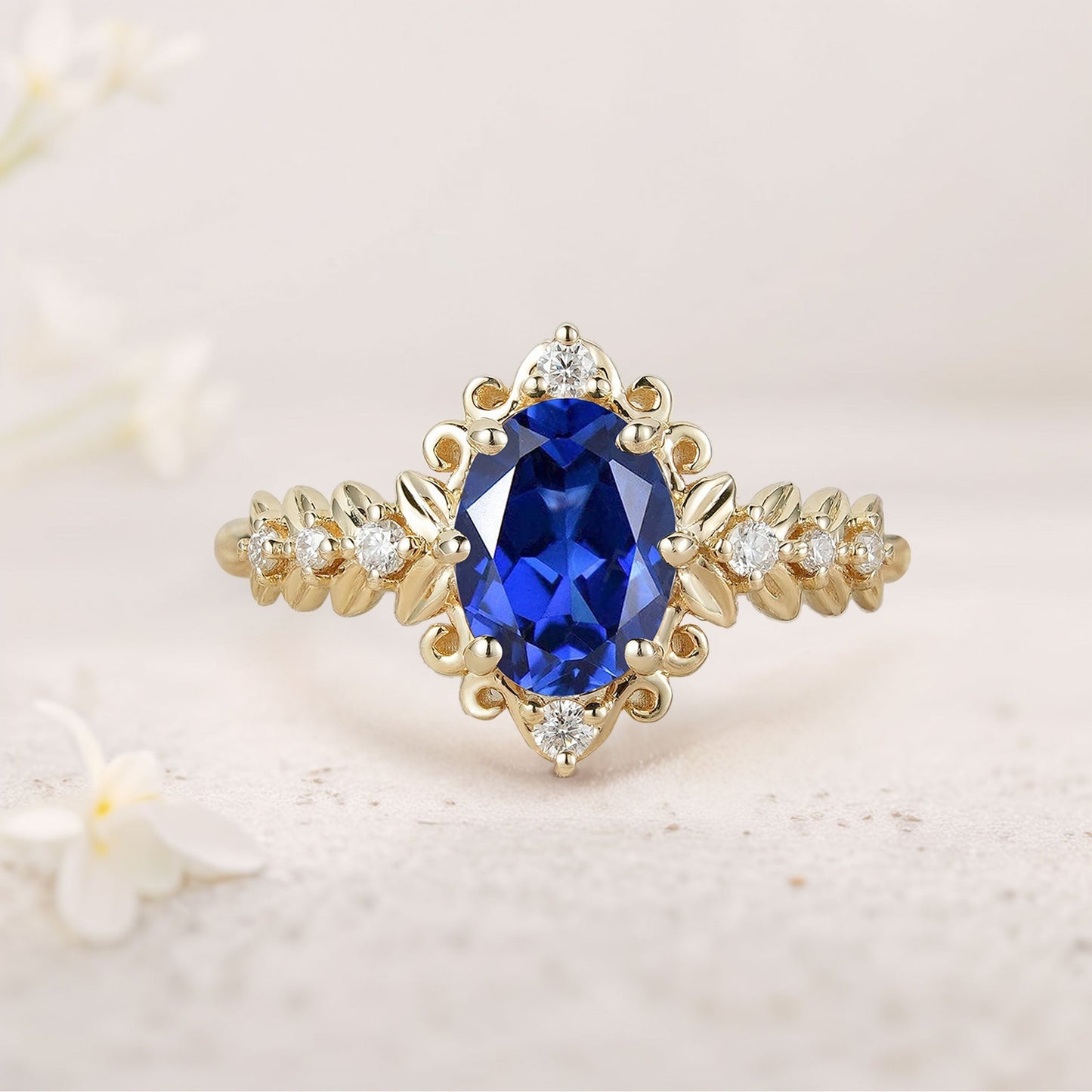 Unique Elegant Royal Blue Sapphire Filigree Leaf Engagement Ring
