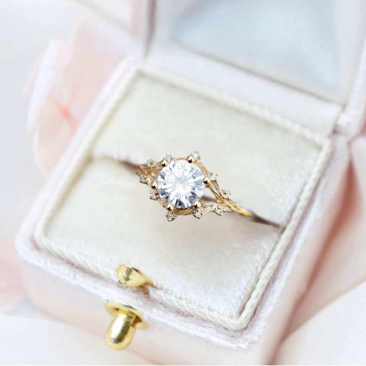 Unique Woodland Solitaire Round Moissanite Ring
