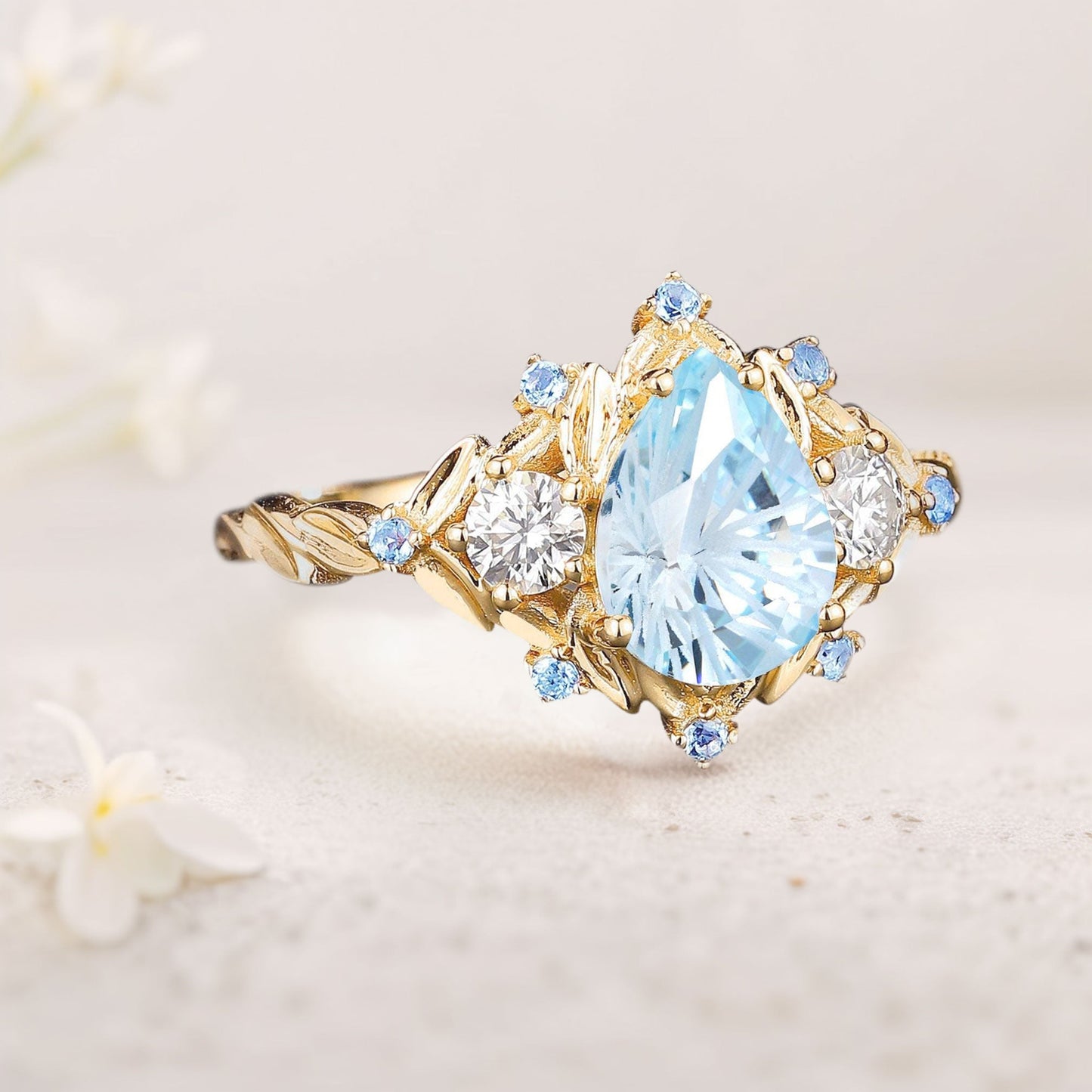 Unique Pear Aquamarine Cluster Leaf Wedding Ring Handmade Anniversary Ring Gift For Women