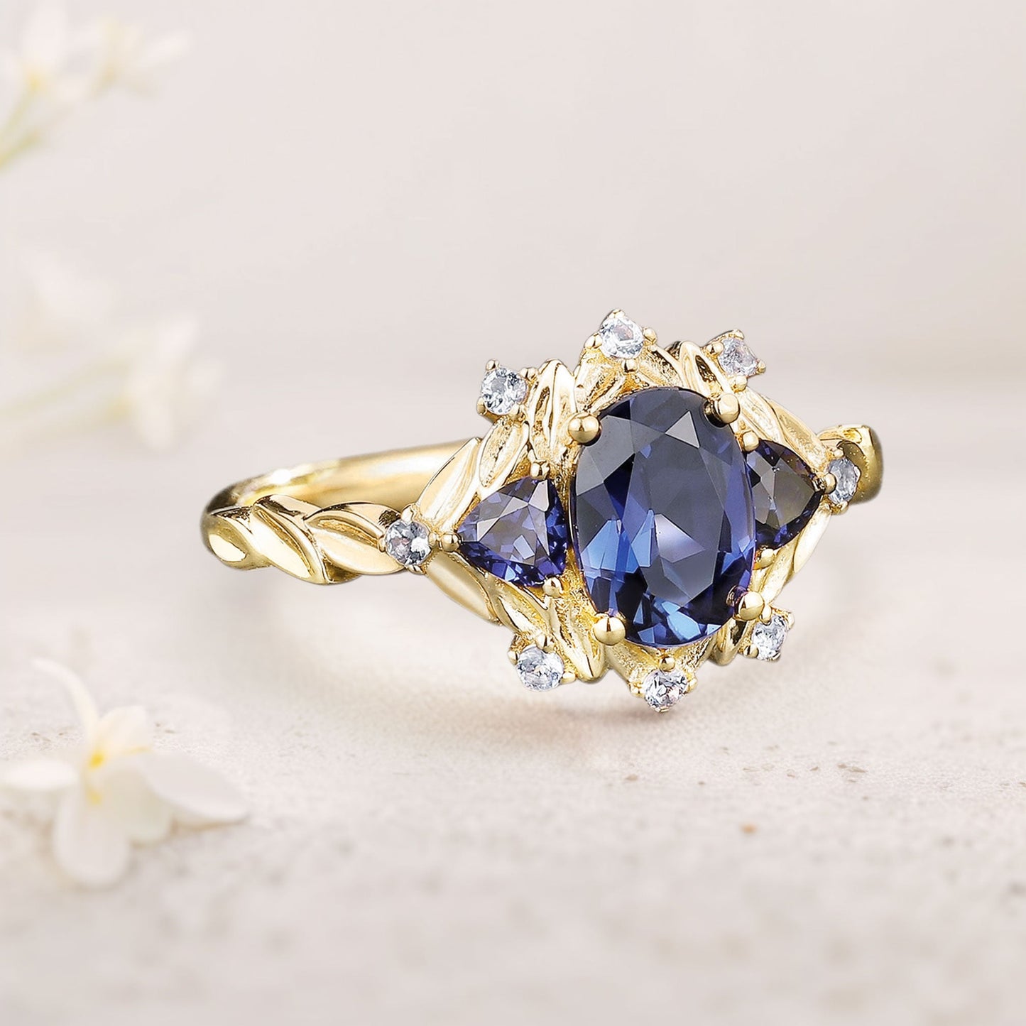 Unique floral engagement rings Oval Blue Sapphire Cluster Wedding Ring Fairy Engagement Ring