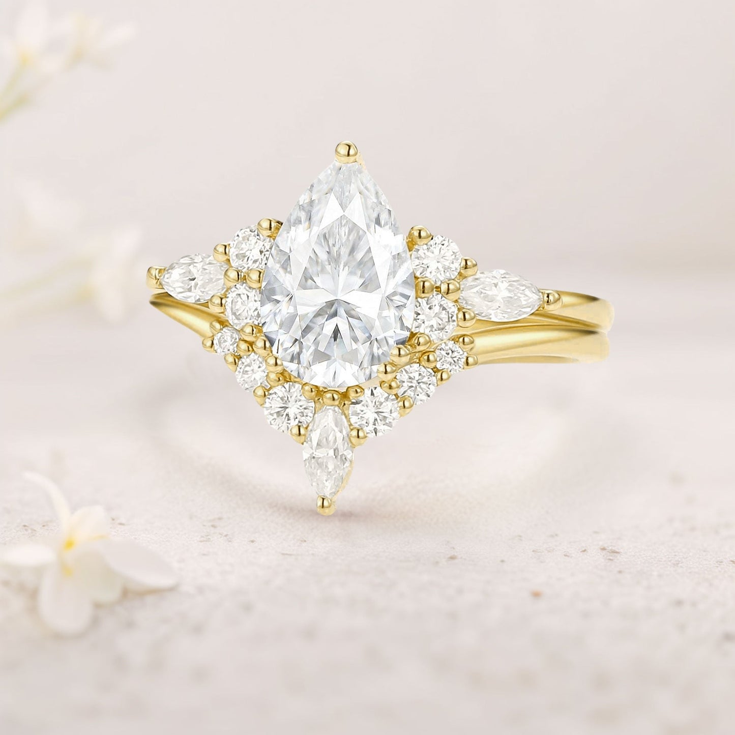 Unique floral engagement rings Pear Moissanite Bridal Ring Cluster Engagement Ring Set