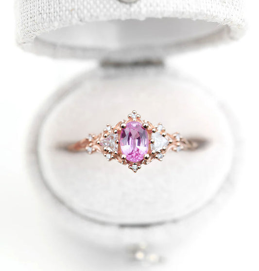 Unique Floral Rose Three Stone Oval Pink Padparadscha Ring (Sunrise)
