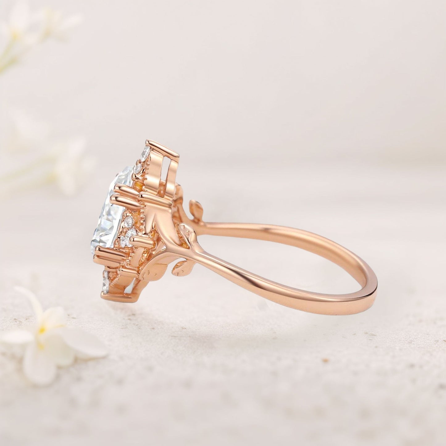 Vintage floral engagement rings Pear Moissanite Leafy Engagement Ring