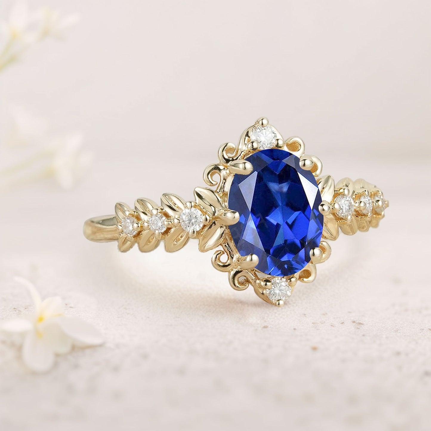 Unique Elegant Royal Blue Sapphire Filigree Leaf Engagement Ring