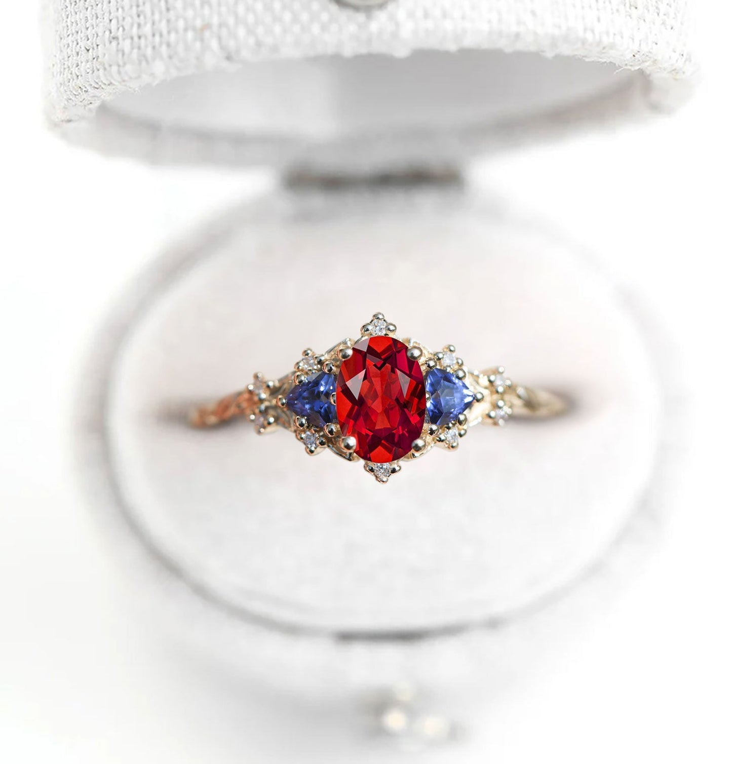 Unique Celeste Rose Oval Garnet and Lab Sapphire Ring
