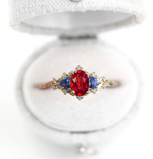 Unique Celeste Rose Oval Garnet and Lab Sapphire Ring