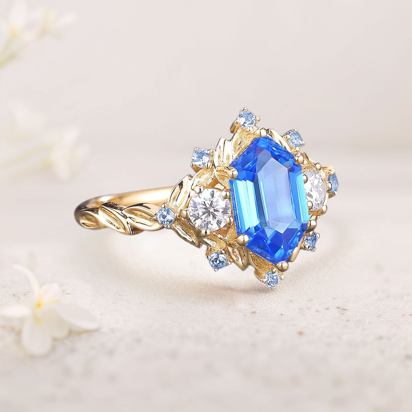 Unique Three Stone Hexagon Lab Sapphire Engagement Ring