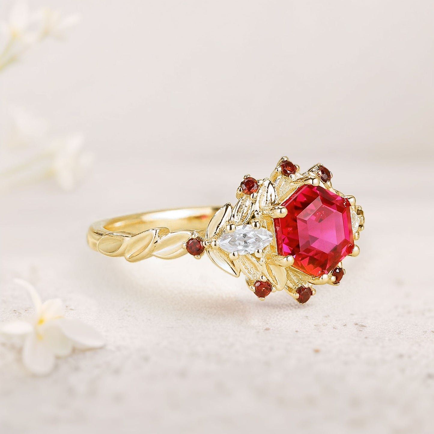 Unique Hexagon Ruby Flower Engagement Ring Halo Leaf Wedding Ring For Women