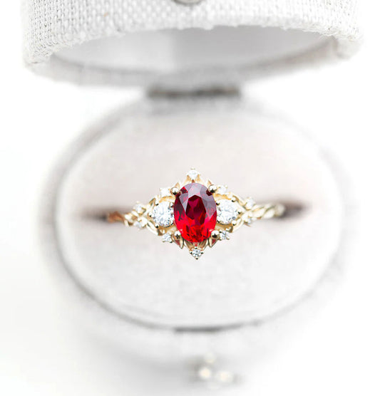 Unique Floral Rose Three Stone Oval Lab Ruby and Moissanite Ring