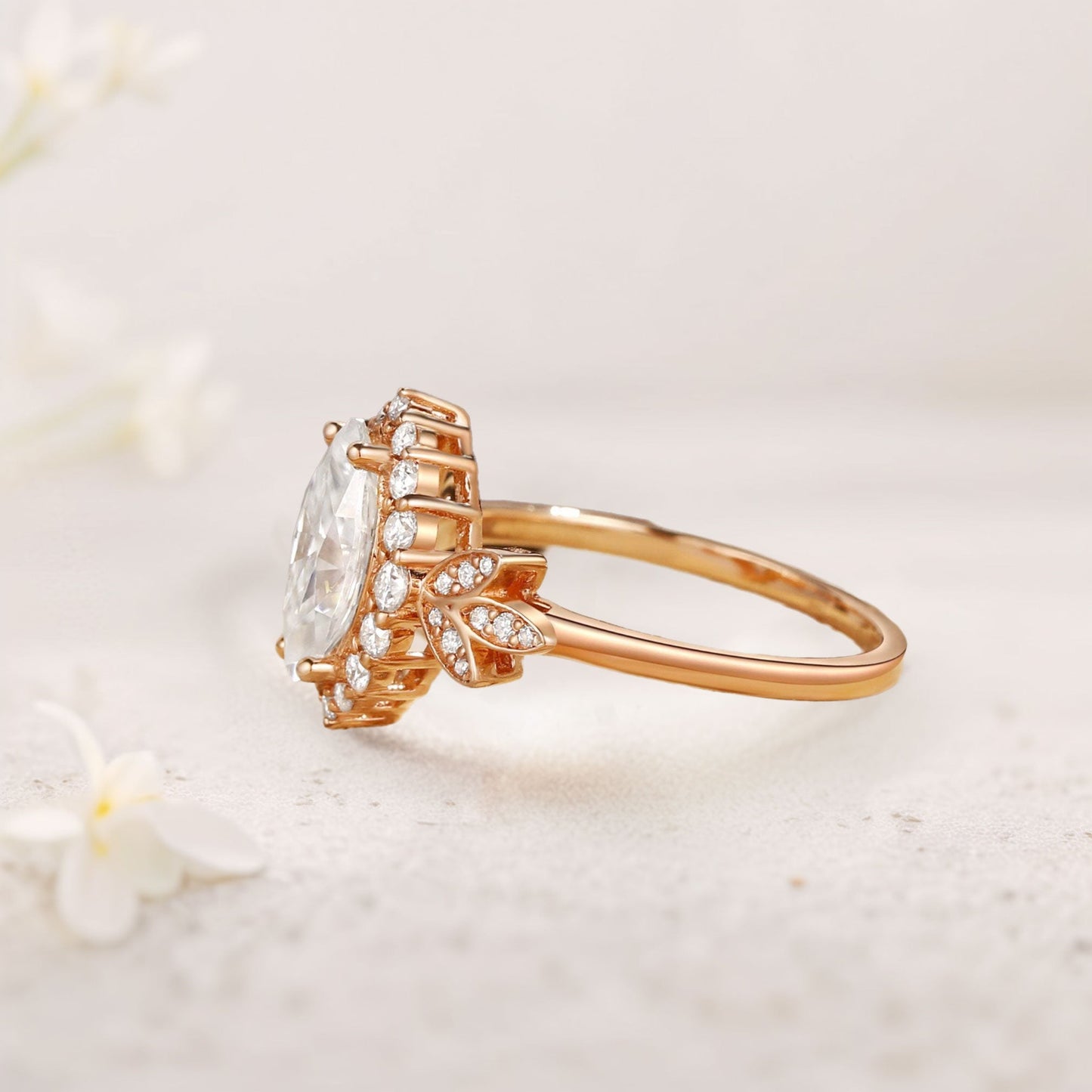 Unique floral engagement rings Marquise Moissanite Butterfly Halo Engagement Ring