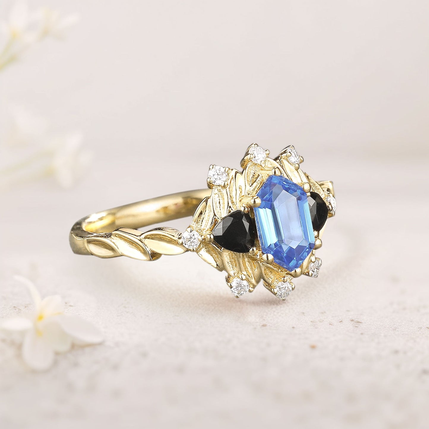 Unique Long Hexagon Sapphire and Black Onyx Leaf Engagement Ring  Wedding Ring for Women