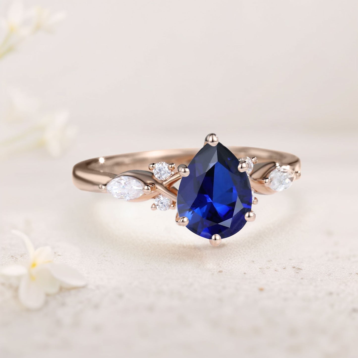 Vintage Pear Lab Sapphire Engagement Ring