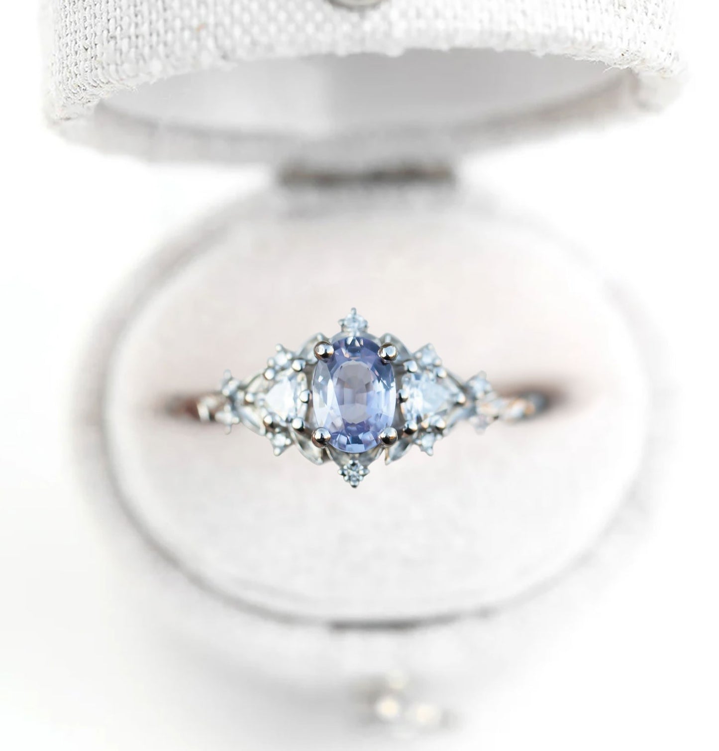 Unique Floral Rose Three Stone Oval Lab Lavender Sapphire Ring
