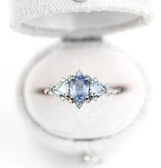 Unique Floral Rose Three Stone Oval Lab Lavender Sapphire Ring
